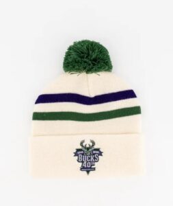 Mitchell-Ness-Milwaukee-Bucks-Team-Logo-40th-Anniversary-Pom-Knit-NBA-Beanie-1-253x300