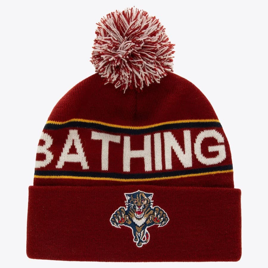 Шапка Mitchell & Ness x Bape Red Florida Panthers Cuffed Knit Pom Hat