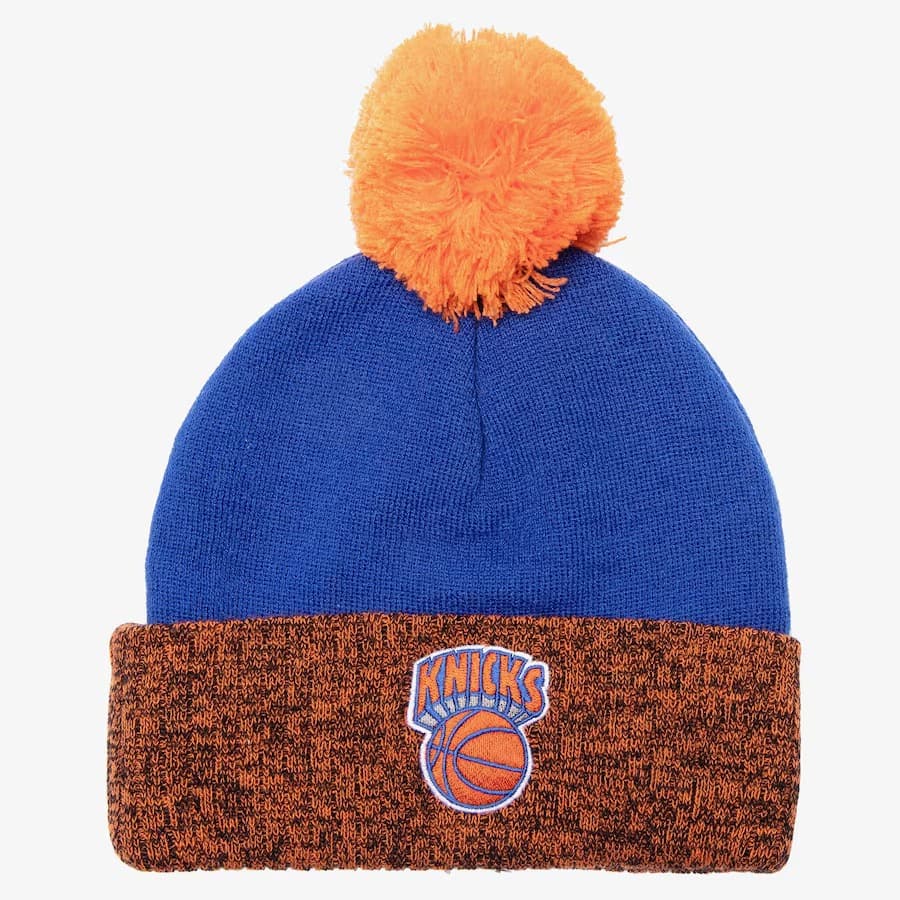 Шапка Mitchell & Ness Blue Orange New York Knicks Hardwood Classics Two-Tone Cuffed Knit Hat with Pom