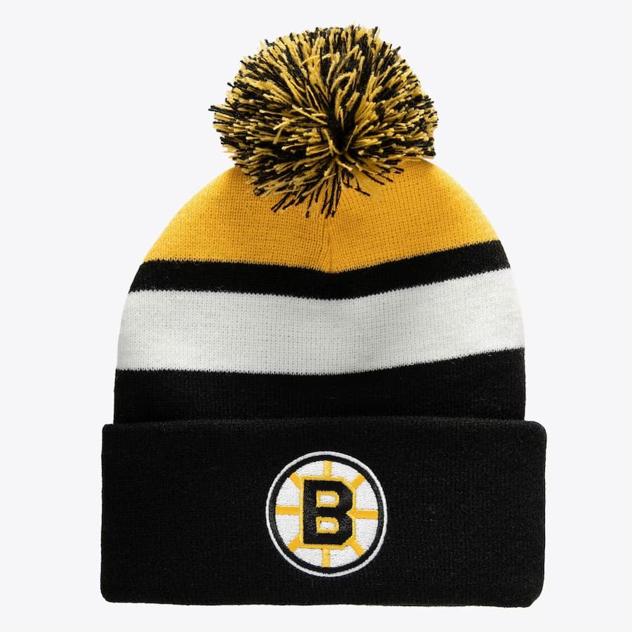 Шапка Mitchell & Ness Black Boston Bruins Stripe Cuffed Knit Hat with Pom