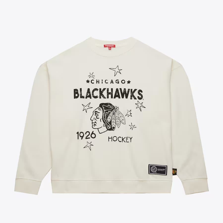 Лонгслив Mitchell & Ness Women's Cream Chicago Blackhawks Logo Lightweight 3.0 Fleece Pullover Sweatshirt