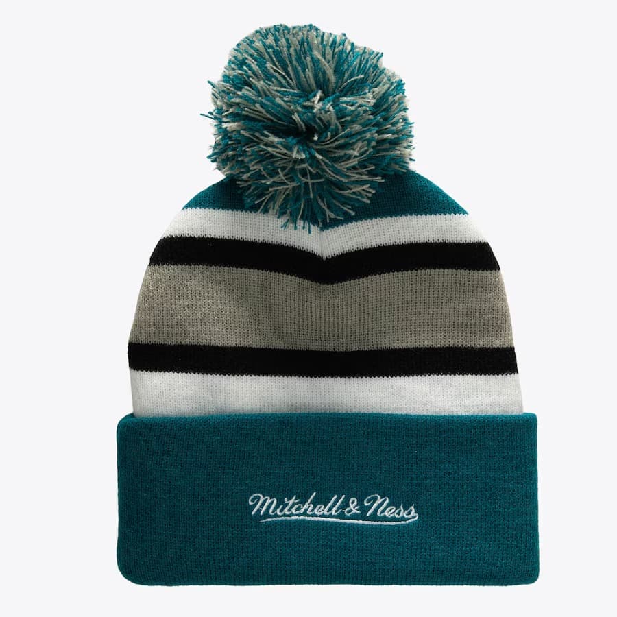 Шапка Mitchell & Ness Teal San Jose Sharks Stripe Cuffed Knit Hat with Pom
