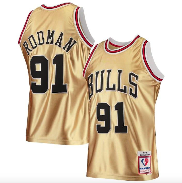 Баскетбольная джерси 1997-98 Chicago Bulls #91 Dennis Rodman 75th Anniversary Hardwood Classics Gold Jersey