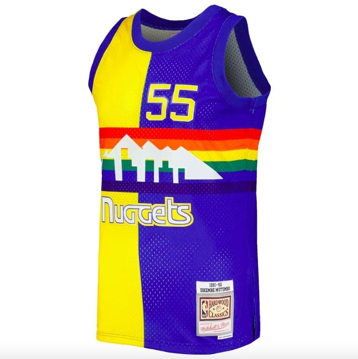 Баскетбольная джерси 1991-92 Denver Nuggets #55 Dikembe Mutombo Mitchell & Ness Split Royal/Gold Jersey