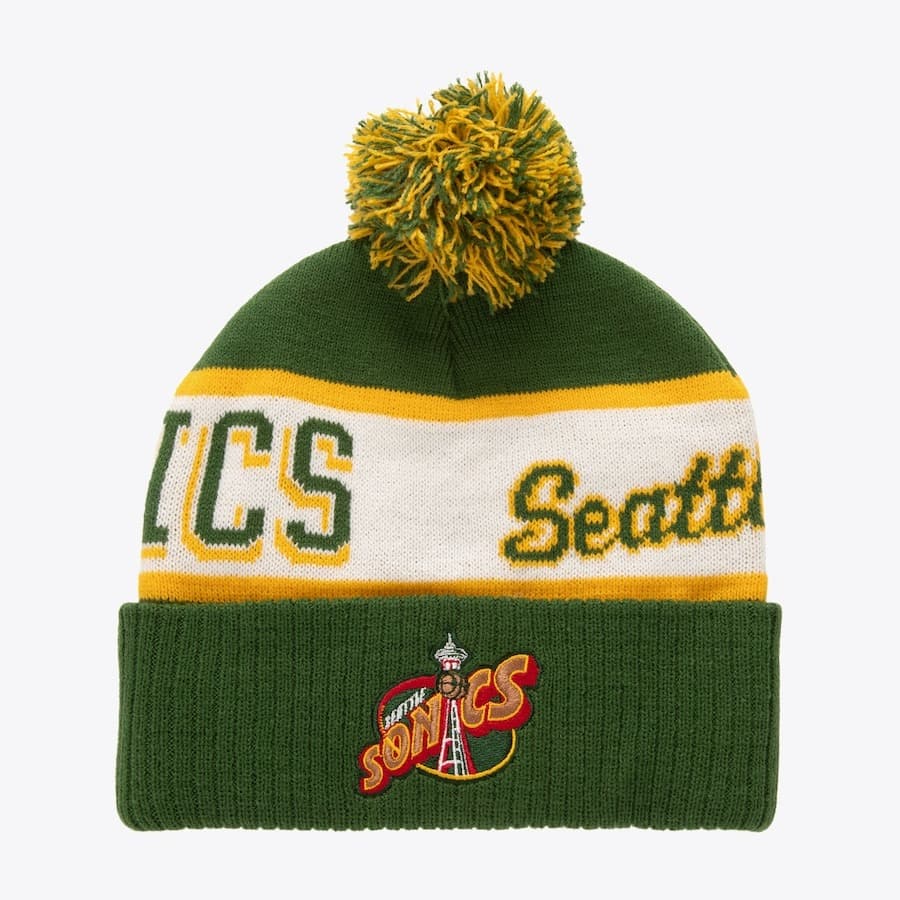 Шапка Mitchell & Ness Green Seattle Supersonics Hardwood Classics Block Sweep Cuffed Knit Hat with Pom