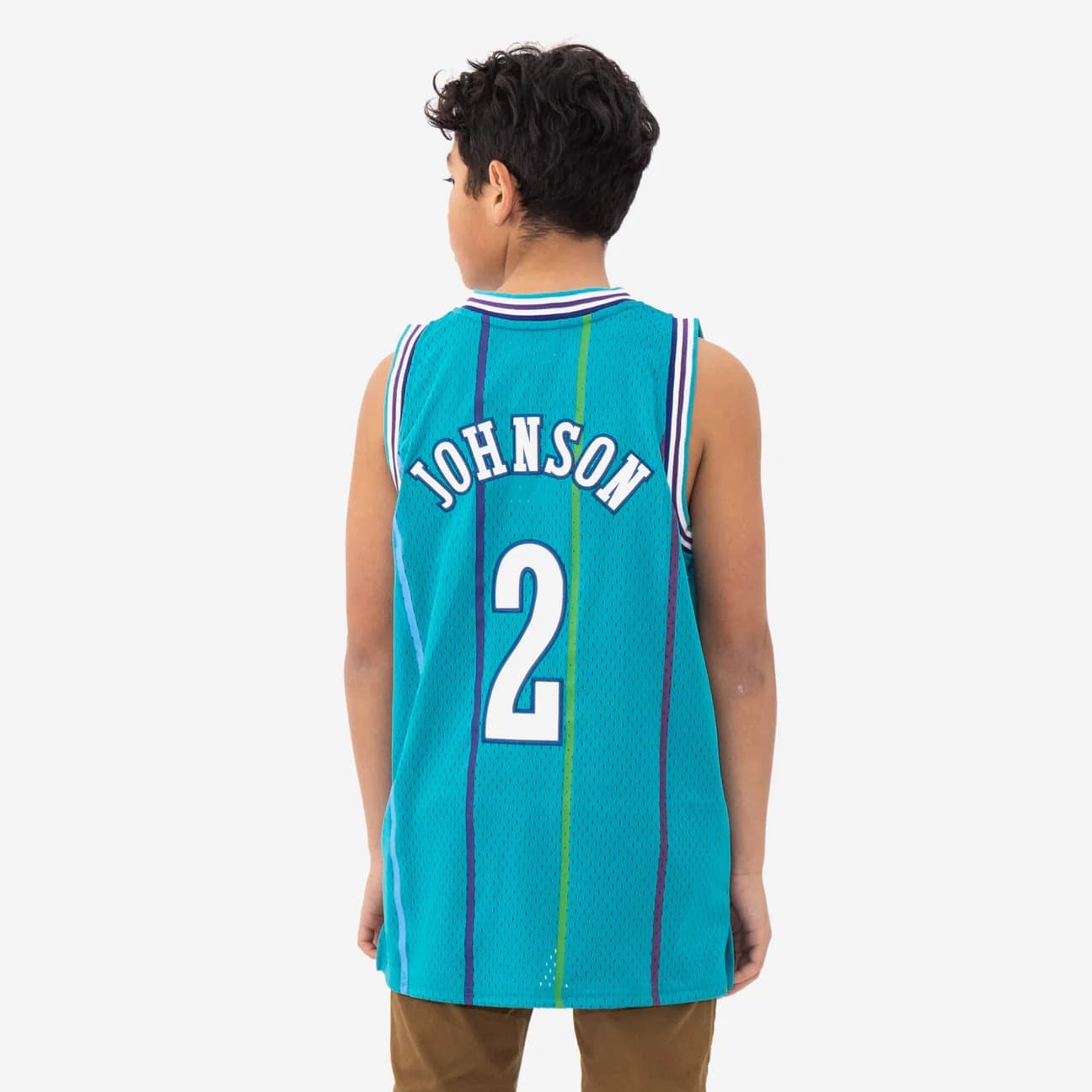 Баскетбольная джерси 1992-93 Charlotte Hornets Larry Johnson #2 Youth Swingman Hardwood Classics Teal Jersey