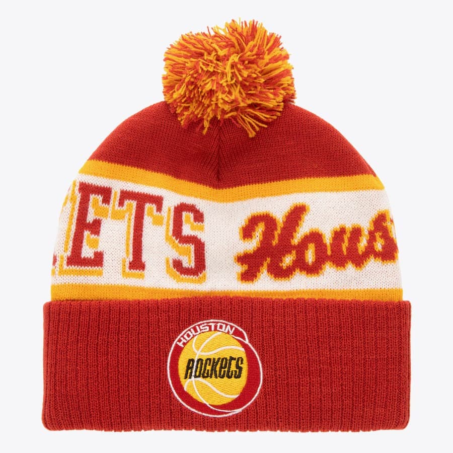 Шапка Mitchell & Ness Red Houston Rockets Hardwood Classics Block Sweep Cuffed Knit Hat with Pom