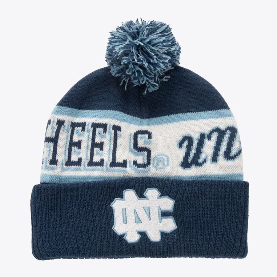 Шапка Mitchell & Ness Navy North Carolina Tar Heels Vault Block Sweep Cuffed Knit Hat with Pom