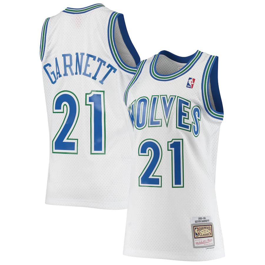 Баскетбольная джерси 1995-96 Mitchell & Ness Kevin Garnett White Minnesota Timberwolves Hardwood Classics Swingman Jersey – Statement Edition