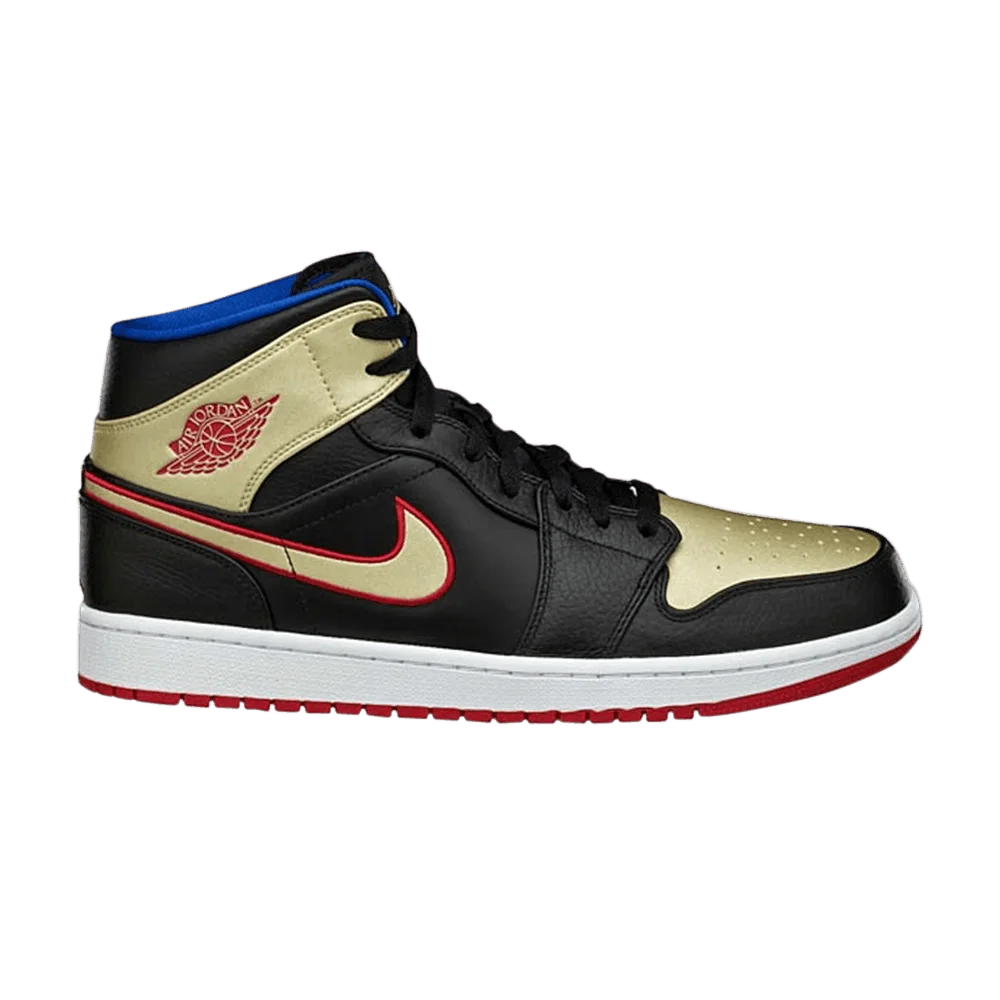 Krossovki-Air-Jordan-1-Mid-Black-Gold-Red