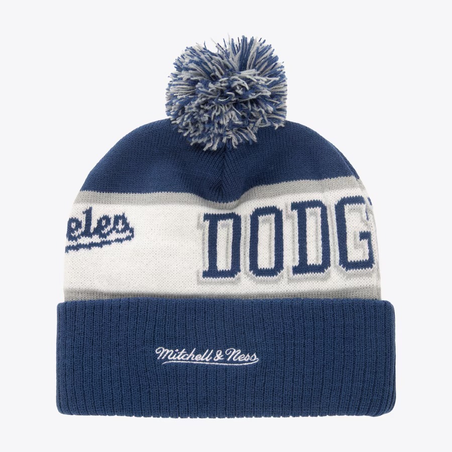 Шапка Mitchell & Ness Royal Los Angeles Dodgers Block Sweep Cuffed Knit Hat with Pom