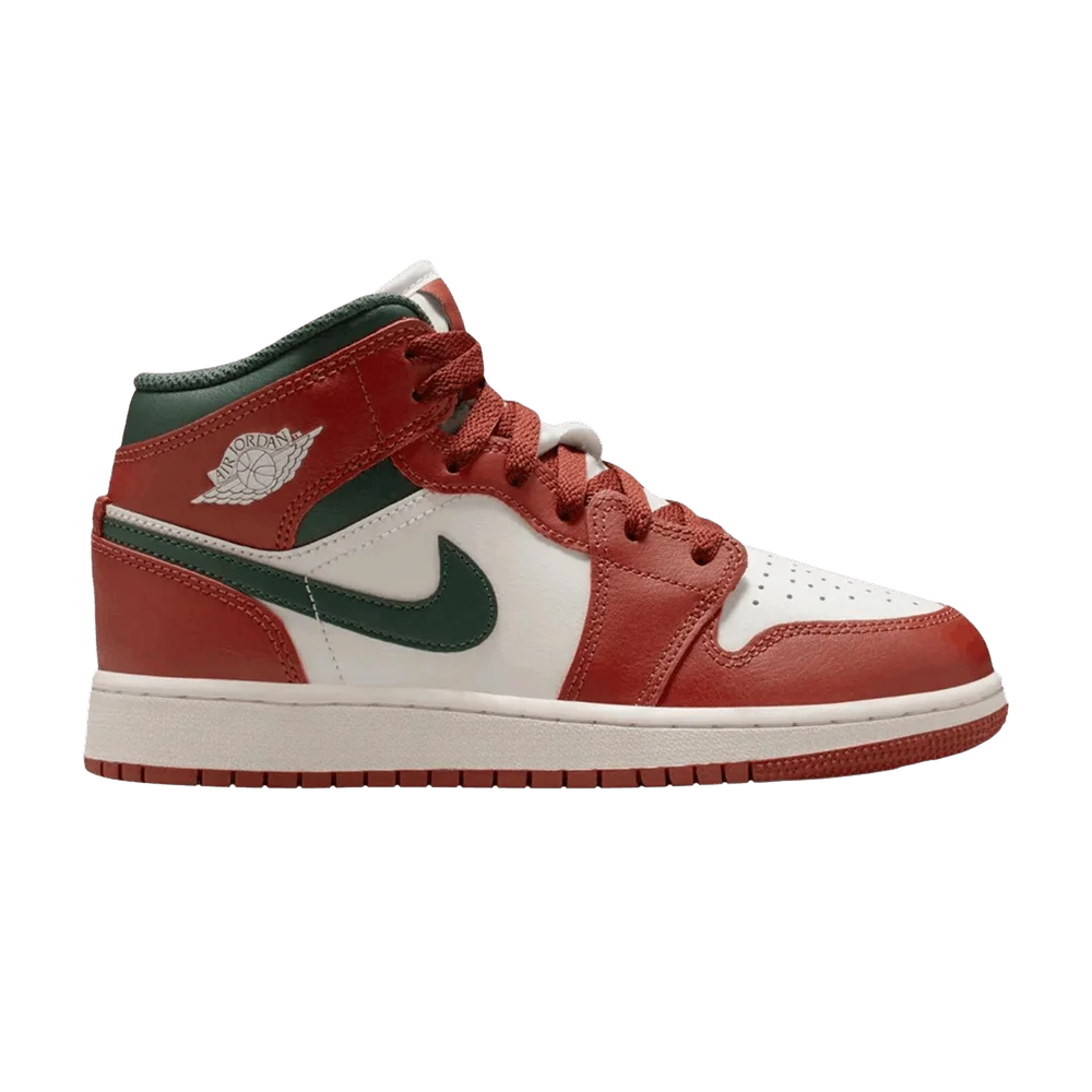 Krossovki-Air-Jordan-1-Mid-GS-Redstone-Midnight-Green