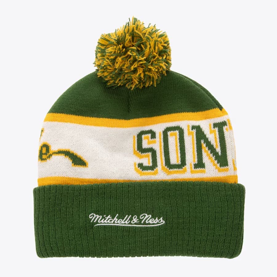 Шапка Mitchell & Ness Green Seattle Supersonics Hardwood Classics Block Sweep Cuffed Knit Hat with Pom