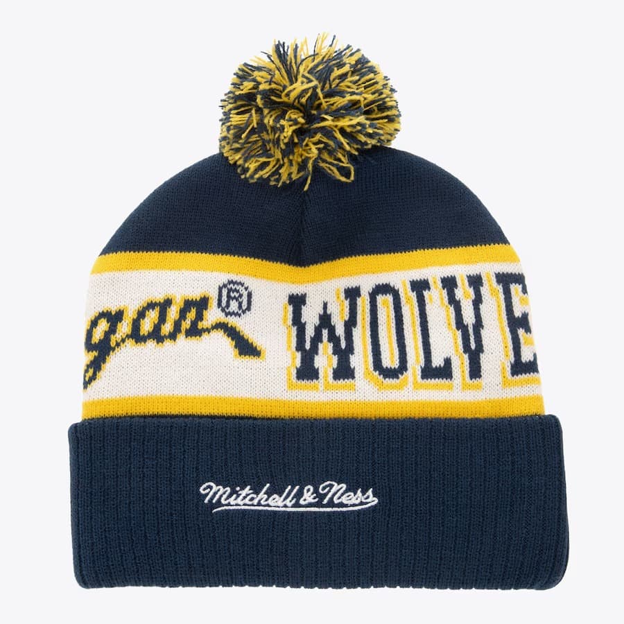 Шапка Mitchell & Ness Navy Michigan Wolverines Vault Block Sweep Cuffed Knit Hat with Pom