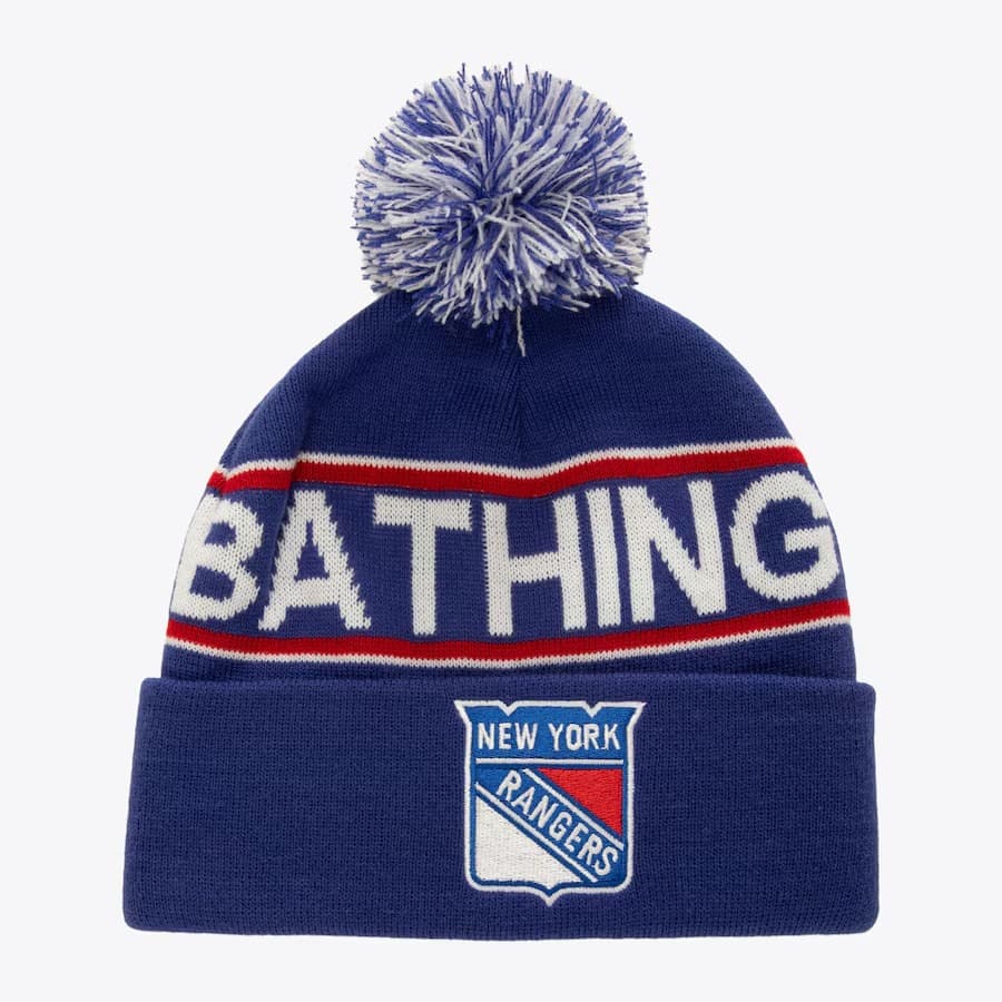 Шапка Mitchell & Ness x Bape Blue New York Rangers Bape Cuffed Knit Pom Hat