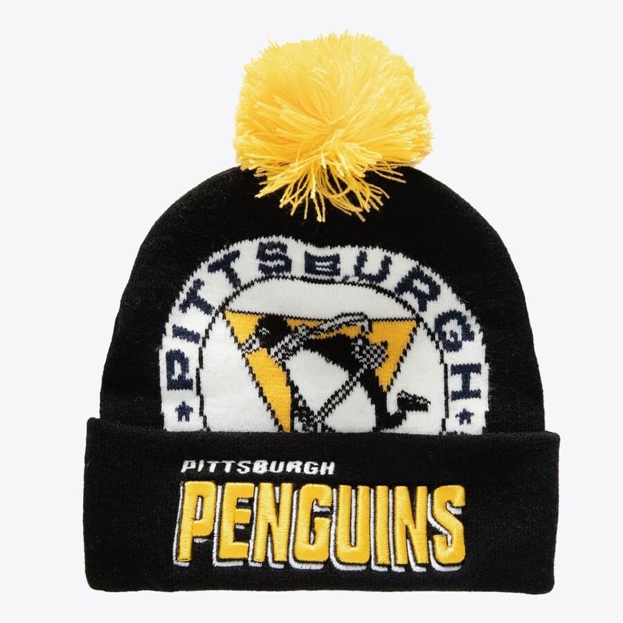 Шапка Mitchell & Ness Black Pittsburgh Penguins Punch Out Cuffed Knit Hat with Pom