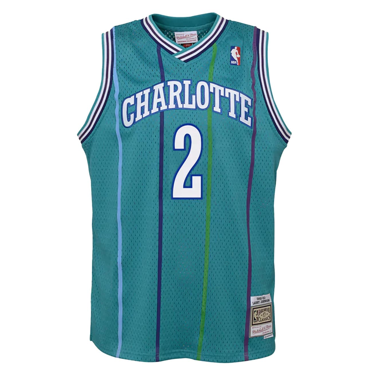 Баскетбольная джерси 1992-93 Charlotte Hornets Larry Johnson #2 Youth Swingman Hardwood Classics Teal Jersey