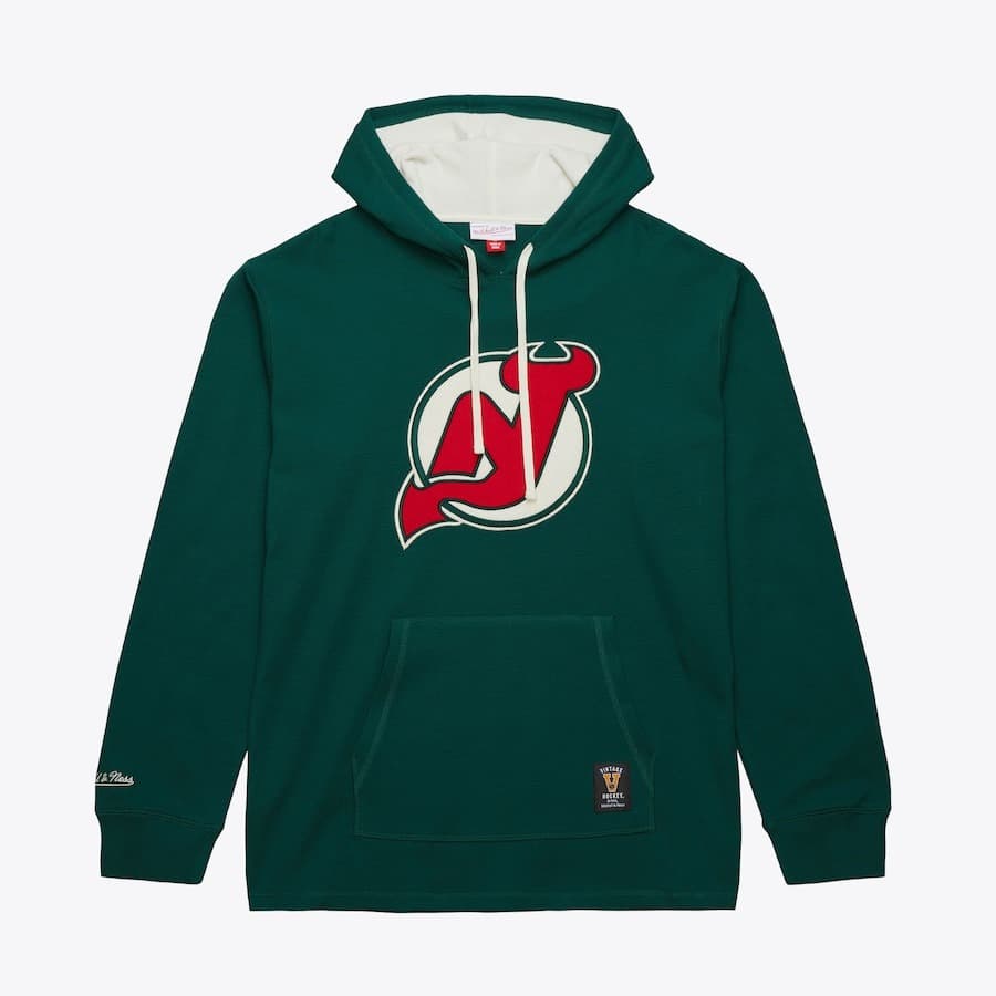 Худи Mitchell & Ness Green New Jersey Devils Vintage Logo Thermal Lightweight Pullover Hoodie