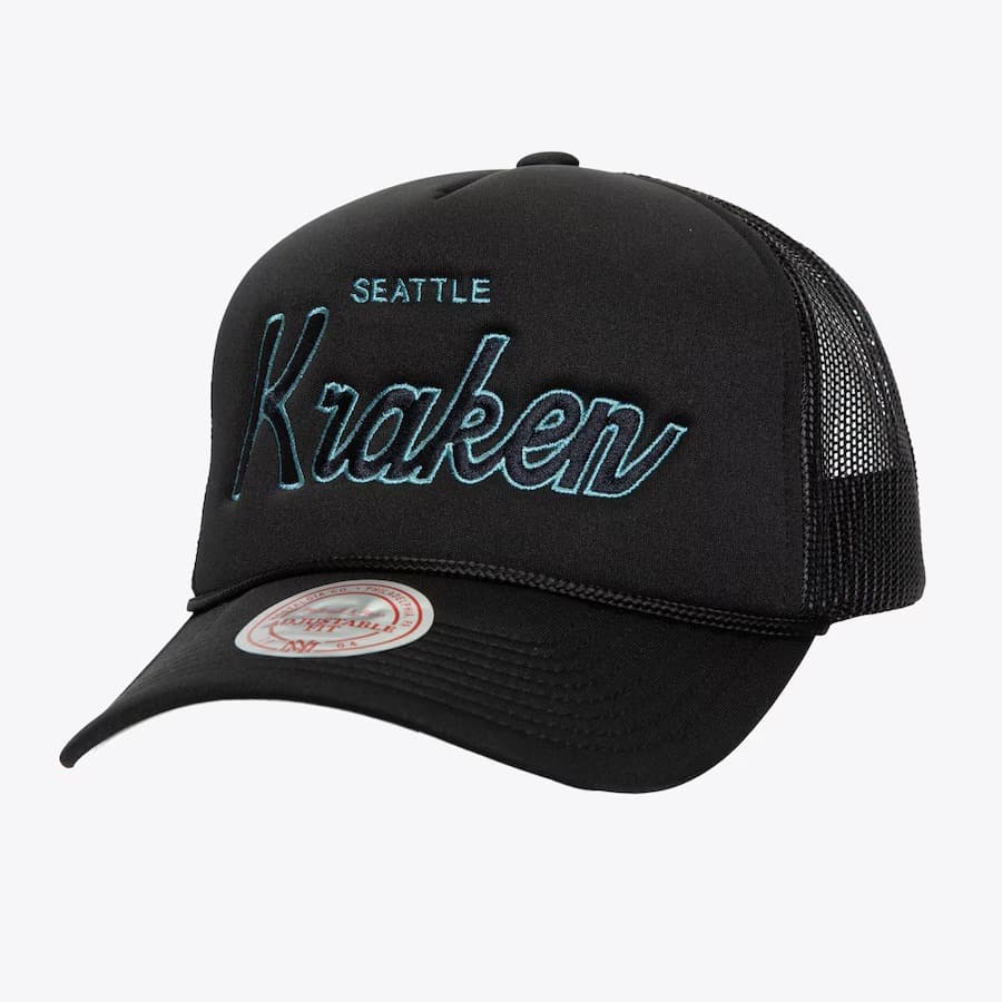 Бейсболка Mitchell & Ness Black Seattle Kraken Script Trucker Adjustable Hat