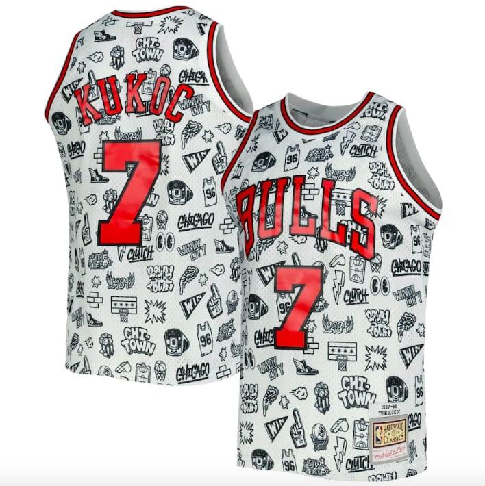 Баскетбольная джерси 1997-98 Chicago Bulls #7 Toni Kukoc Mitchell & Ness Doodle White Jersey