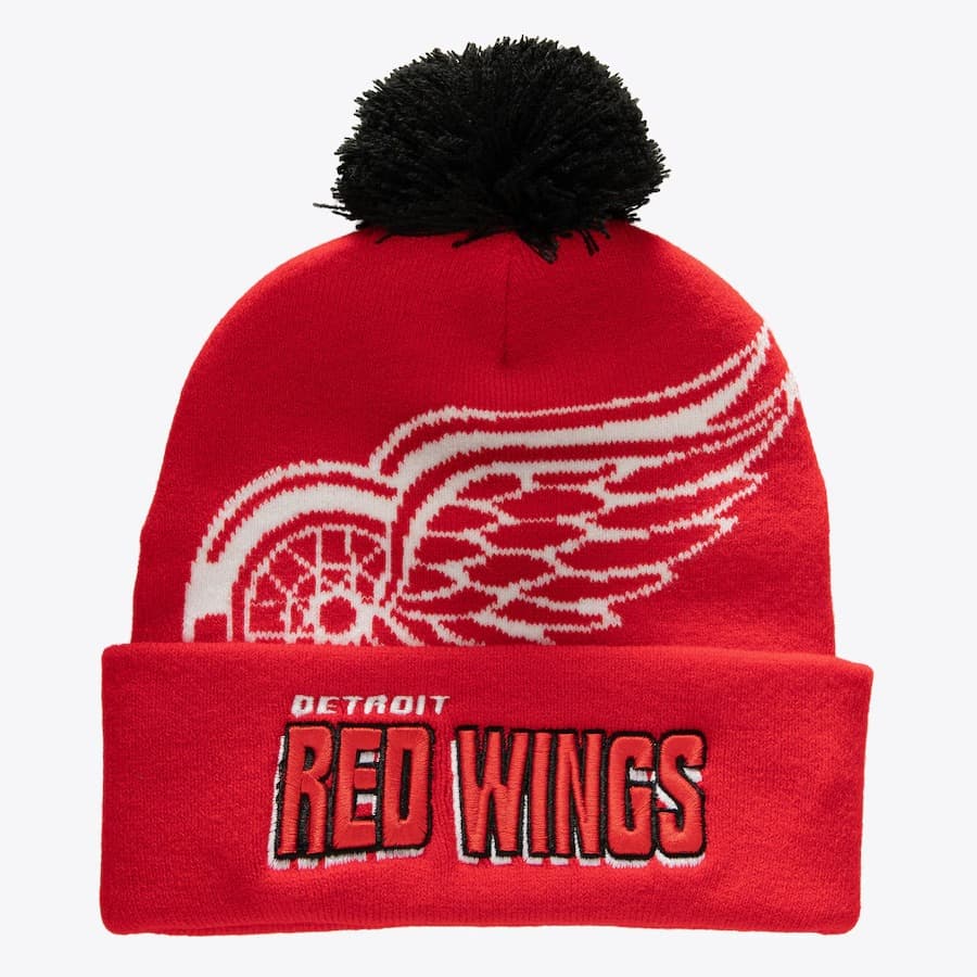 Шапка Mitchell & Ness Red Detroit Red Wings Punch Out Cuffed Knit Hat with Pom