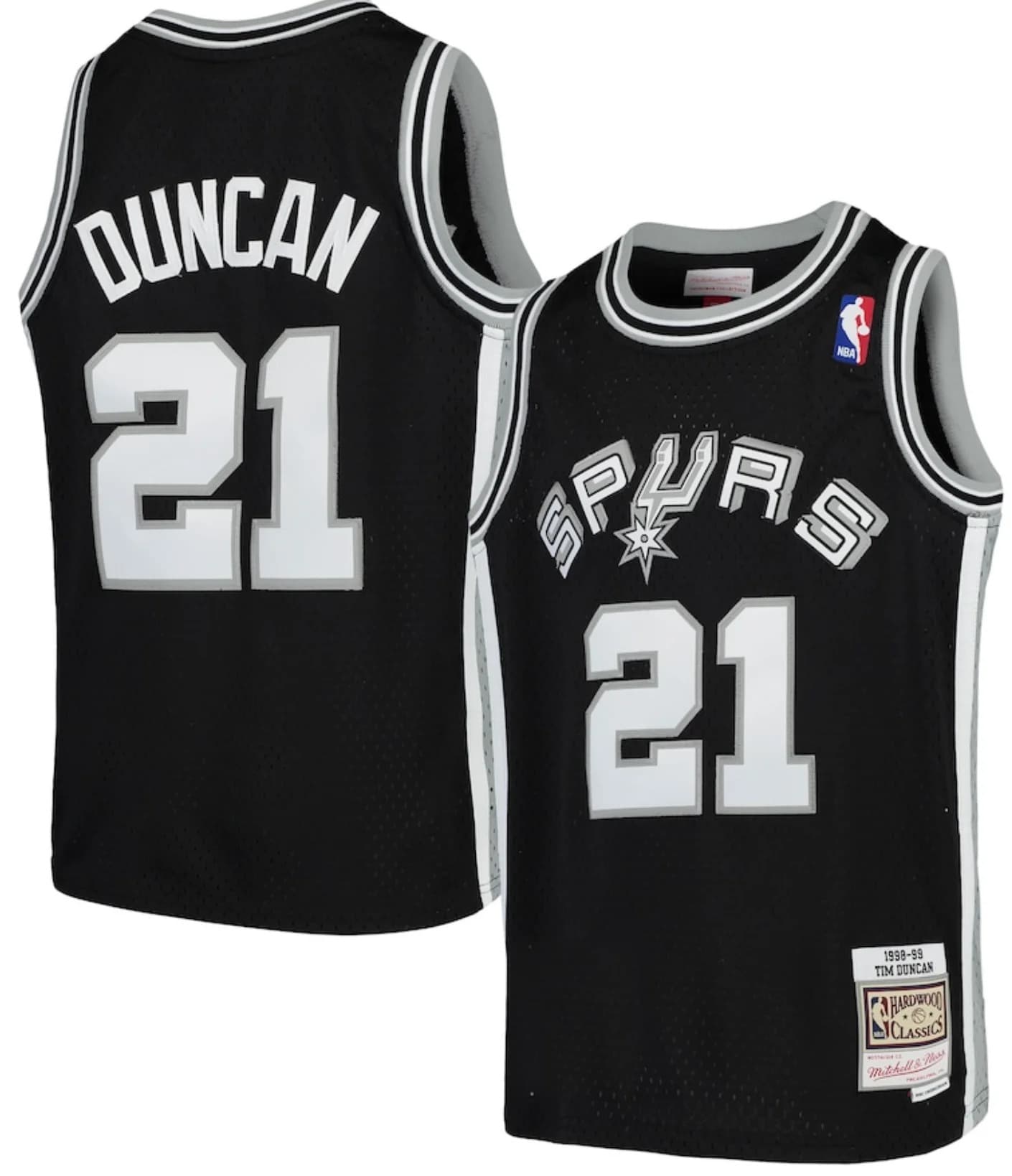 Баскетбольная джерси 1998-99 San Antonio Spurs Tim Duncan #21 Youth Hardwood Classics Throwback NBA Swingman Black Jersey