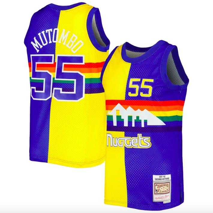 Баскетбольная джерси 1991-92 Denver Nuggets #55 Dikembe Mutombo Mitchell & Ness Split Royal/Gold Jersey