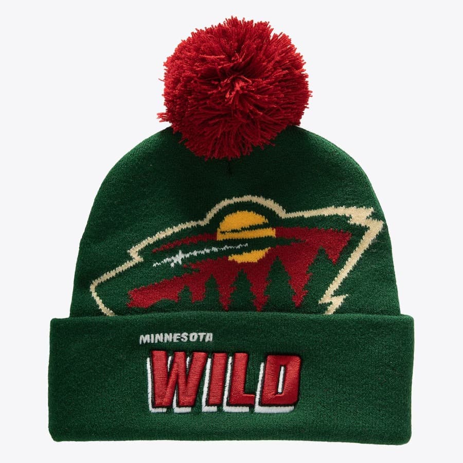 Шапка Mitchell & Ness Green Minnesota Wild Punch Out Cuffed Knit Hat with Pom