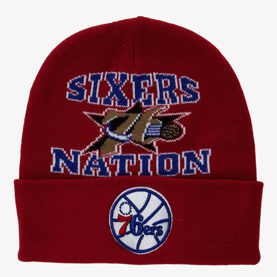 Шапка Mitchell & Ness Red Philadelphia 76ers Hardwood Classics Team Origins Cuffed Knit Hat