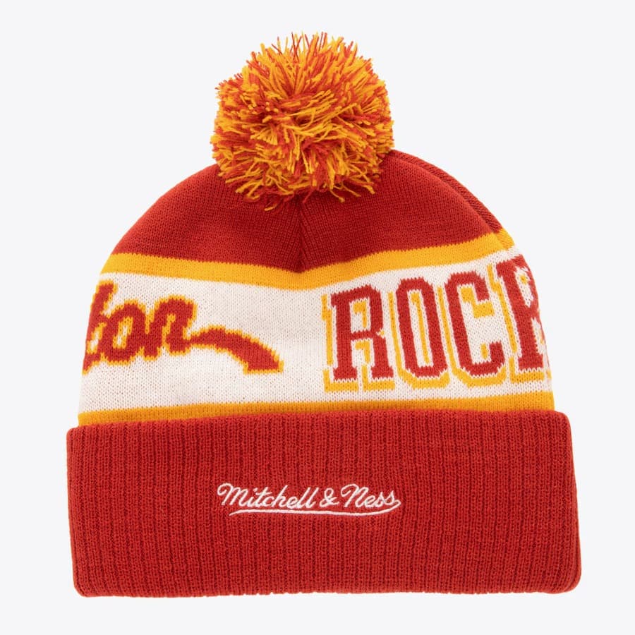 Шапка Mitchell & Ness Red Houston Rockets Hardwood Classics Block Sweep Cuffed Knit Hat with Pom