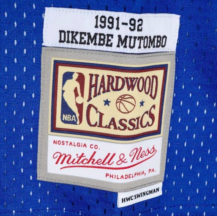 Баскетбольная джерси 1991-92 Denver Nuggets #55 Dikembe Mutombo Mitchell & Ness Split Royal/Gold Jersey
