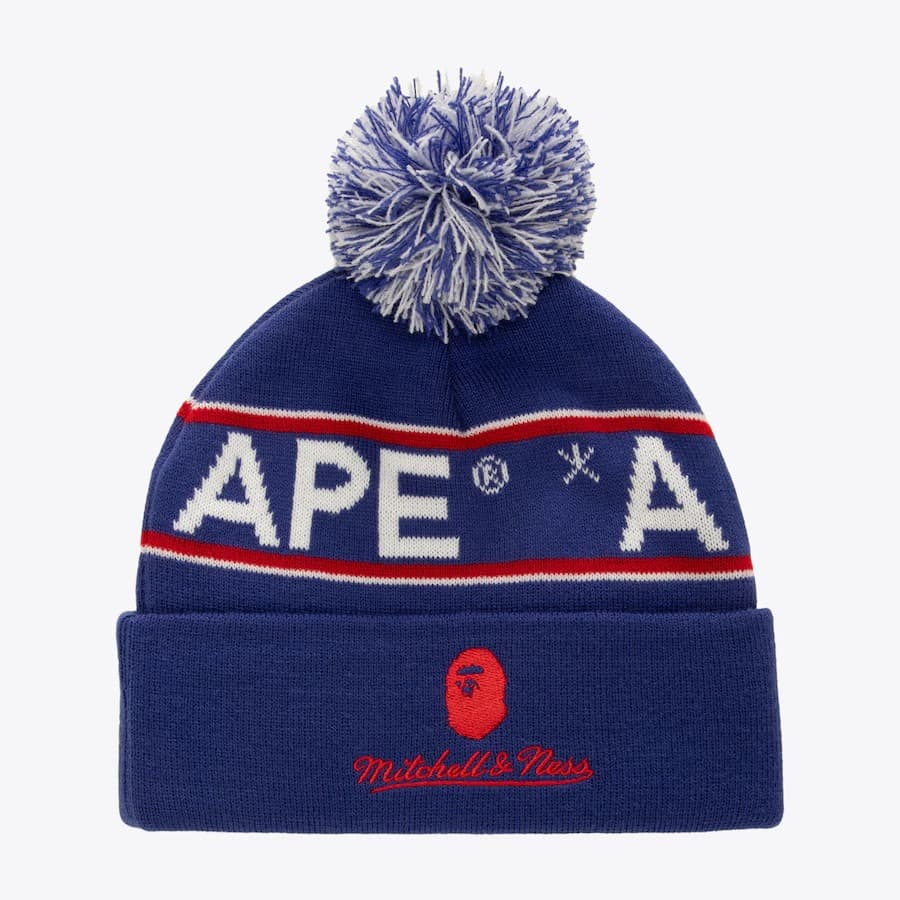 Шапка Mitchell & Ness x Bape Blue New York Rangers Bape Cuffed Knit Pom Hat