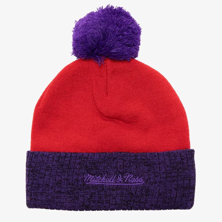 Шапка Mitchell & Ness Red Purple Toronto Raptors Hardwood Classics Two-Tone Cuffed Knit Hat with Pom