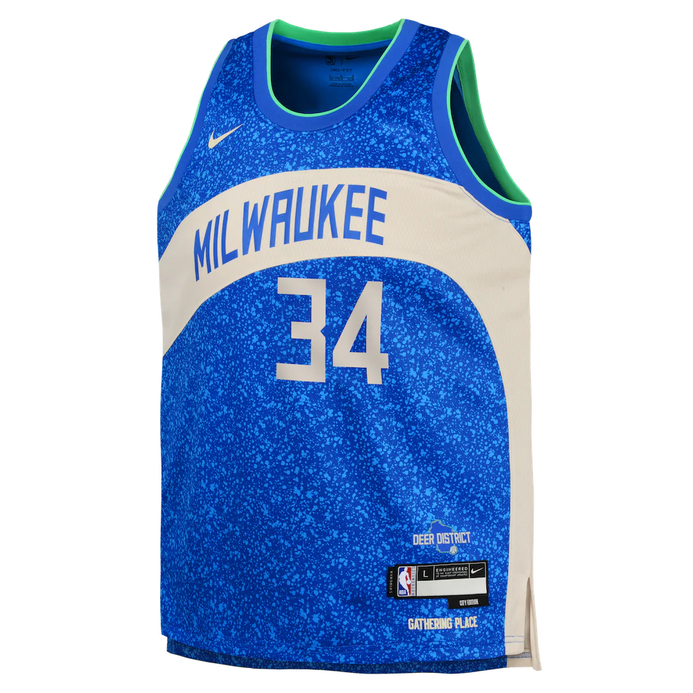 Баскетбольная джерси 2023-24 Milwaukee Bucks Giannis Antetokounmpo #34 Youth Swingman City Edition Blue Jersey
