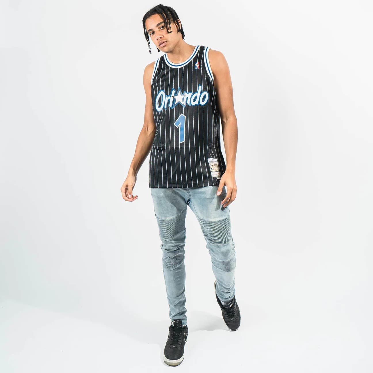 Баскетбольная джерси 1994-95 Orlando Magic Penny Hardaway #1 Swingman Hardwood Classics Black Pinstripes Jersey