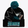 Mitchell-Ness-Black-San-Jose-Sharks-Punch-Out-Cuffed-Knit-Hat-with-Pom-100x100