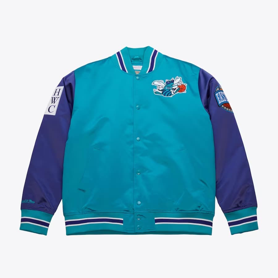 Бомбер Mitchell & Ness Teal Charlotte Hornets Primetime Vintage Satin Full-Snap Jacket