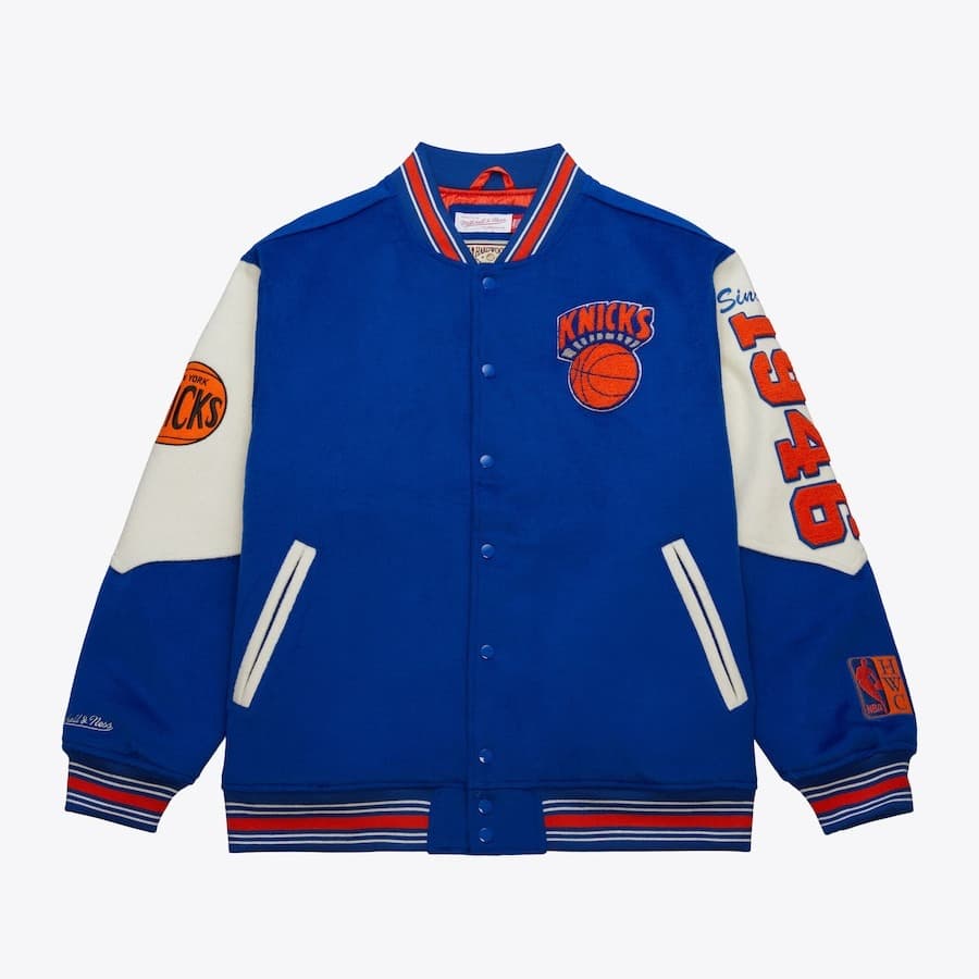 Бомбер Mitchell & Ness Blue New York Knicks Team History Vintage Logo Full-Snap Varsity Jacket