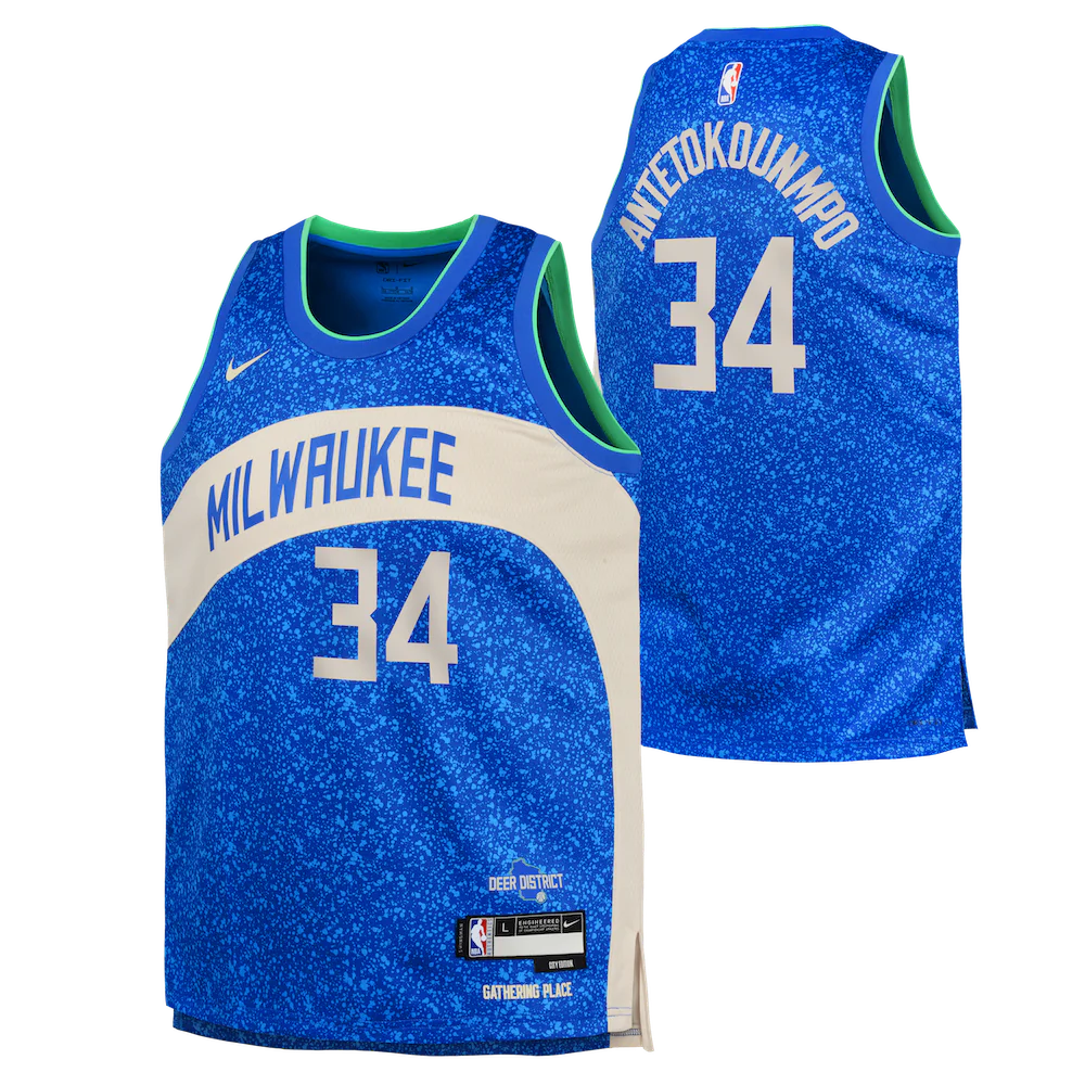Баскетбольная джерси 2023-24 Milwaukee Bucks Giannis Antetokounmpo #34 Youth Swingman City Edition Blue Jersey