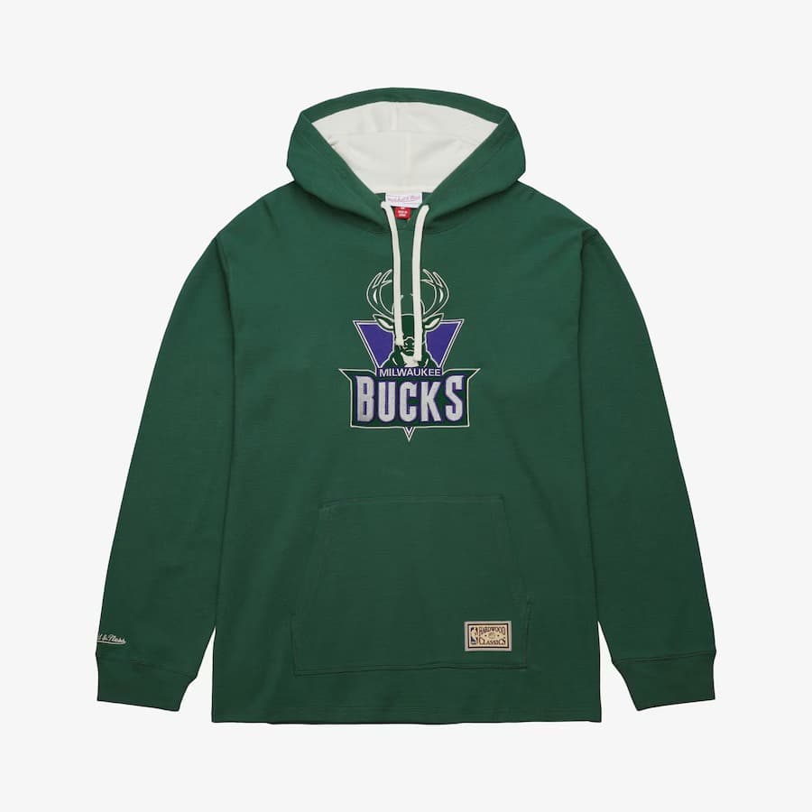 Худи Mitchell & Ness Green Milwaukee Bucks Vintage Logo Thermal Lightweight Pullover Hoodie