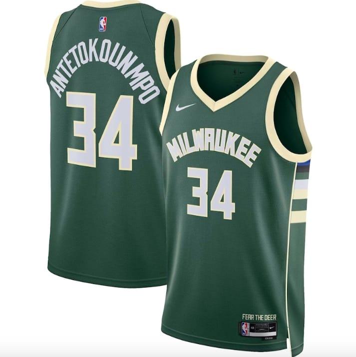 Баскетбольная джерси 2022-23 Milwaukee Bucks #34 Giannis Antetokounmpo Swingman Icon Green Jersey