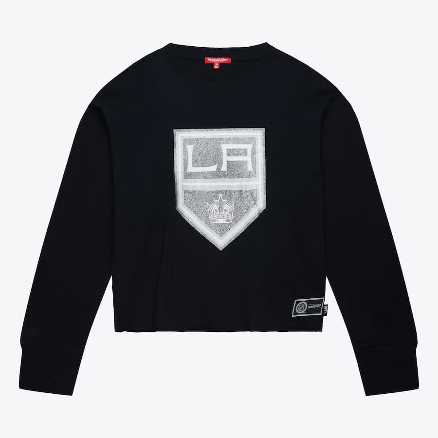 Топ Mitchell & Ness Women's Black Los Angeles Kings Glitter Long Sleeve Cropped Top