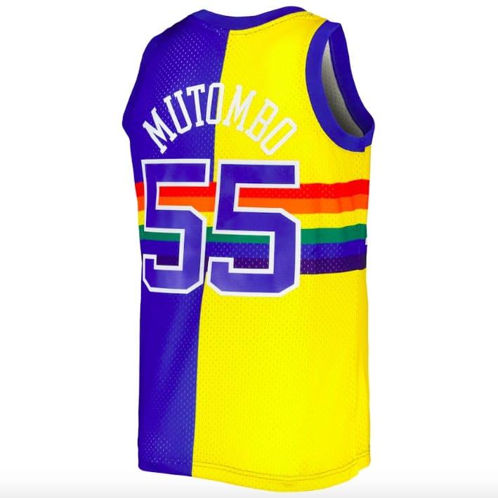 Баскетбольная джерси 1991-92 Denver Nuggets #55 Dikembe Mutombo Mitchell & Ness Split Royal/Gold Jersey