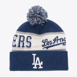 Mitchell-Ness-Royal-Los-Angeles-Dodgers-Block-Sweep-Cuffed-Knit-Hat-with-Pom-300x300