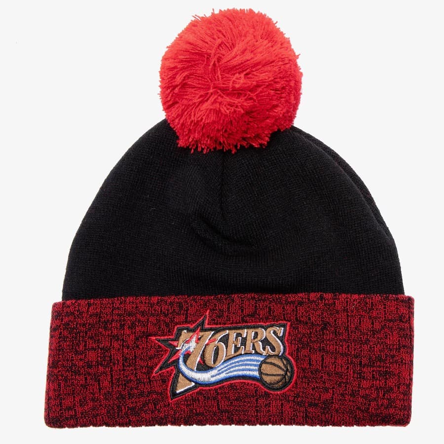 Шапка Mitchell & Ness Black Red Philadelphia 76ers Hardwood Classics Two-Tone Cuffed Knit Hat with Pom