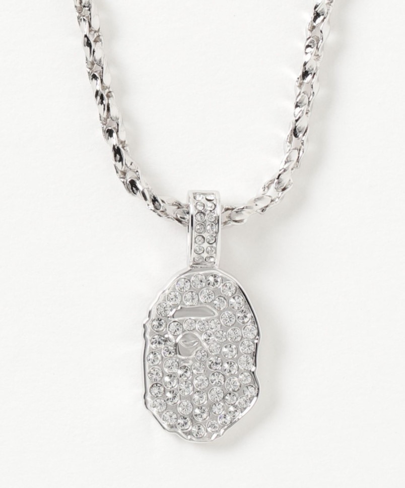 Ожерелье BAPE Rhinestone Ape Head Necklace Silver