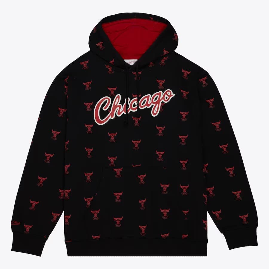 Худи Mitchell & Ness Black Chicago Bulls Allover Print Fleece Pullover Hoodie