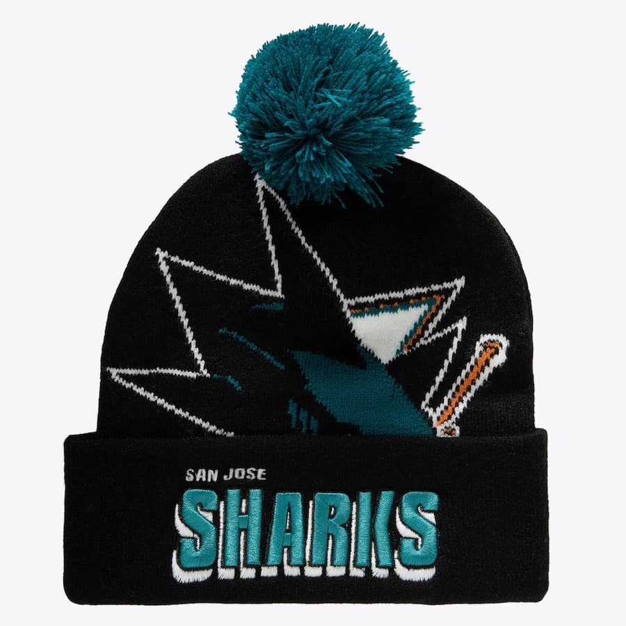 Шапка Mitchell & Ness Black San Jose Sharks Punch Out Cuffed Knit Hat with Pom