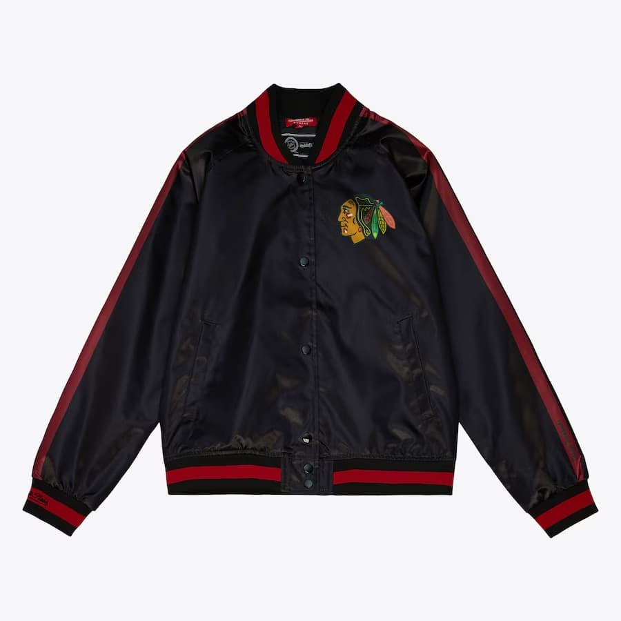 Бомбер Mitchell & Ness Women's Black Chicago Blackhawks Raglan Satin Full-Snap Jacket
