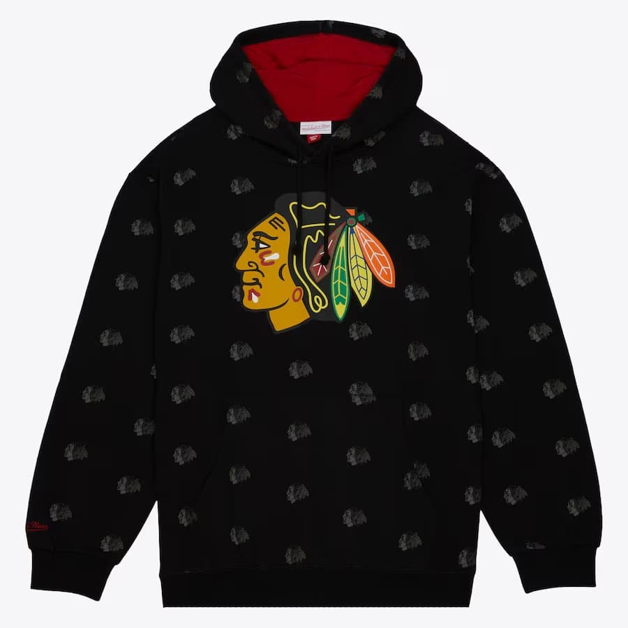 Худи Mitchell & Ness Black Chicago Blackhawks Allover Print Fleece Pullover Hoodie